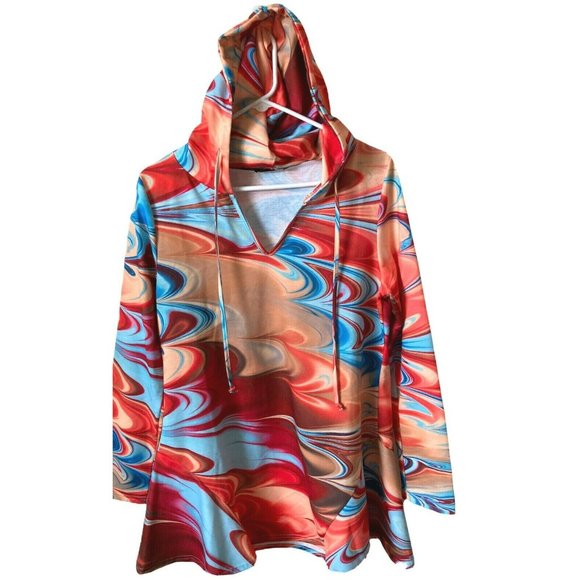 Loveu.dear Tops - Loveu.Dear L/S Hooded Tunic Top Orange Blue Swirl Size Large Women's